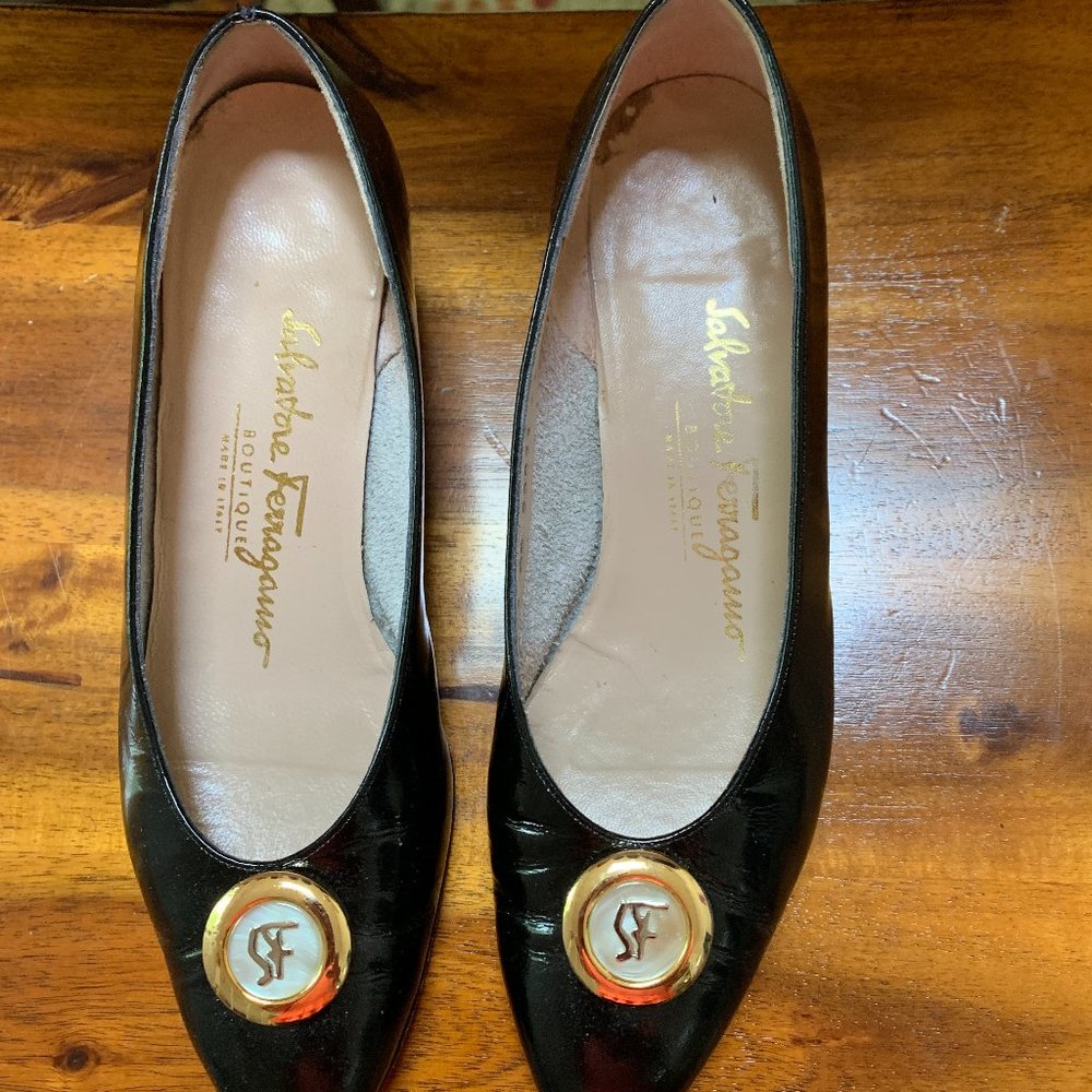 Salvatore Ferragamo Black Patent Leather Heels with Gold Medallion